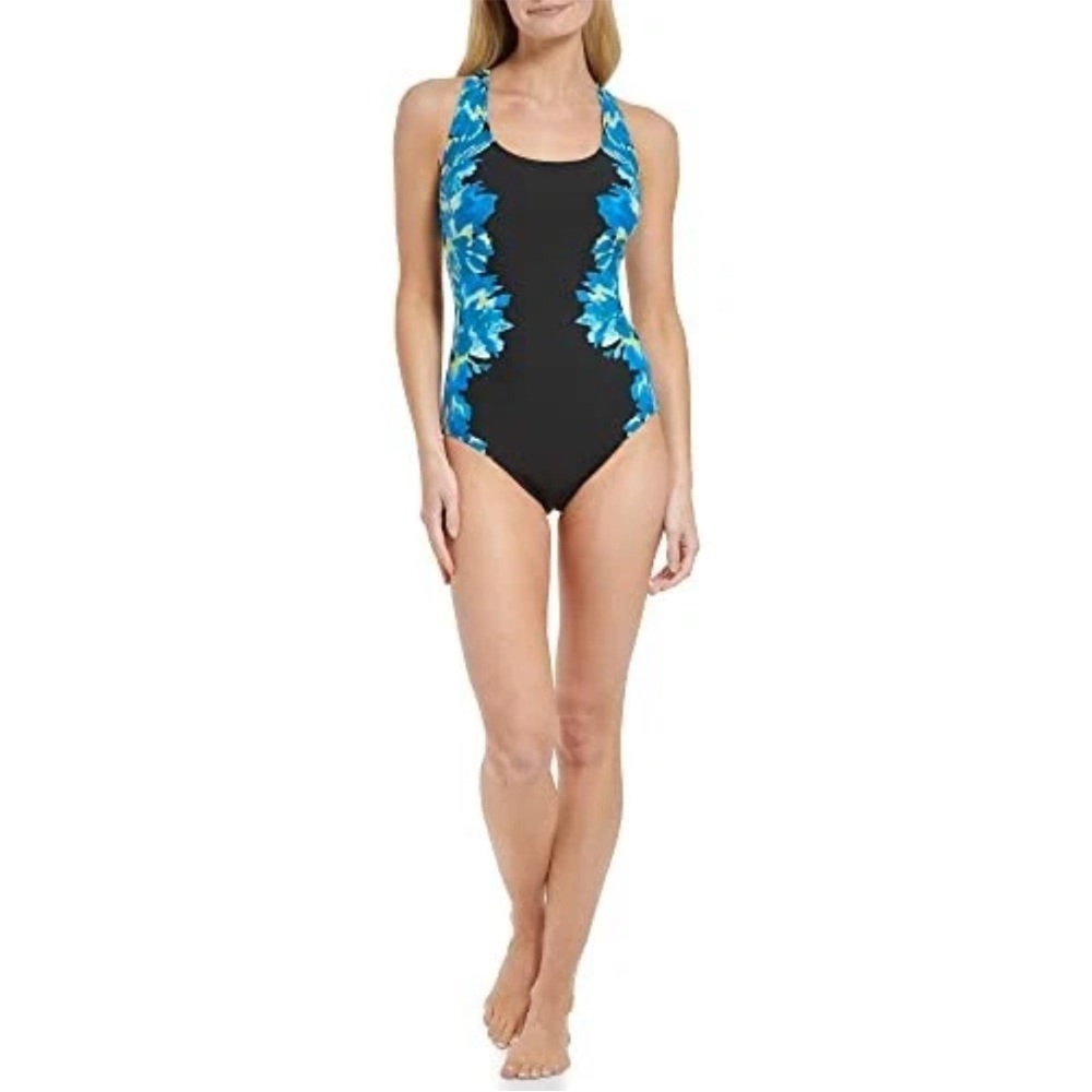 NWT‎ Calvin Klein | Blue Black Tummy Control Cross Back One Piece Swimsuit 14